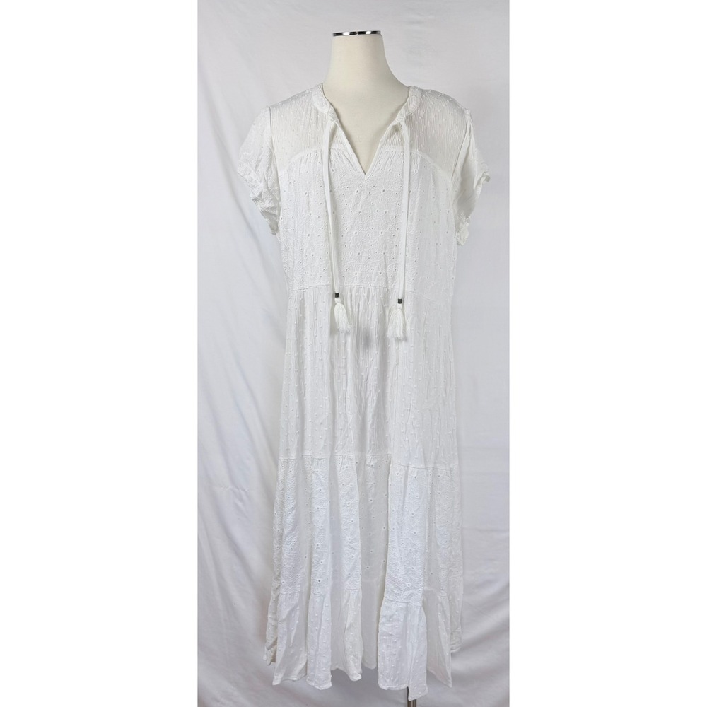 Kate & Sam Eyelet Midi Dress XXL White Tiered Tassel Boho Lagenlook Coastal